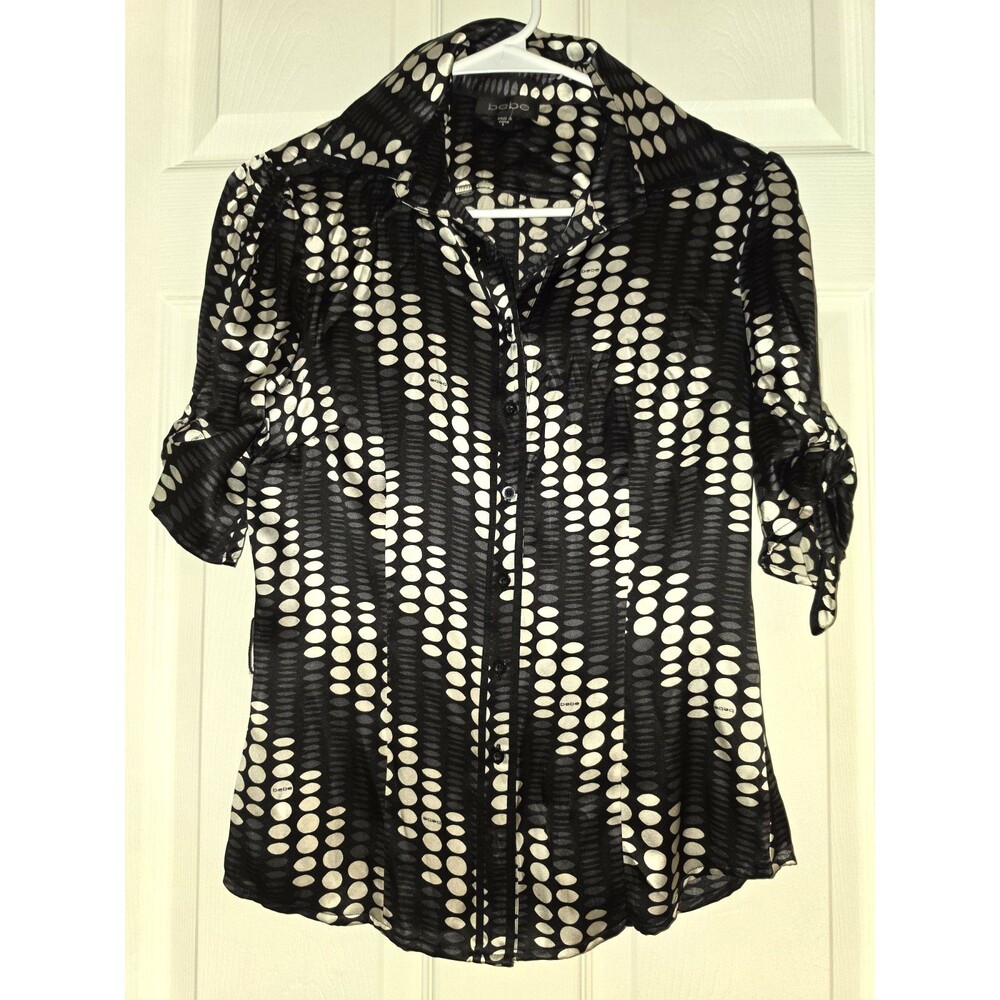 BEBE Vintage Y2K Black & White Polka Dot Silk Blend Satin Blouse - Size S